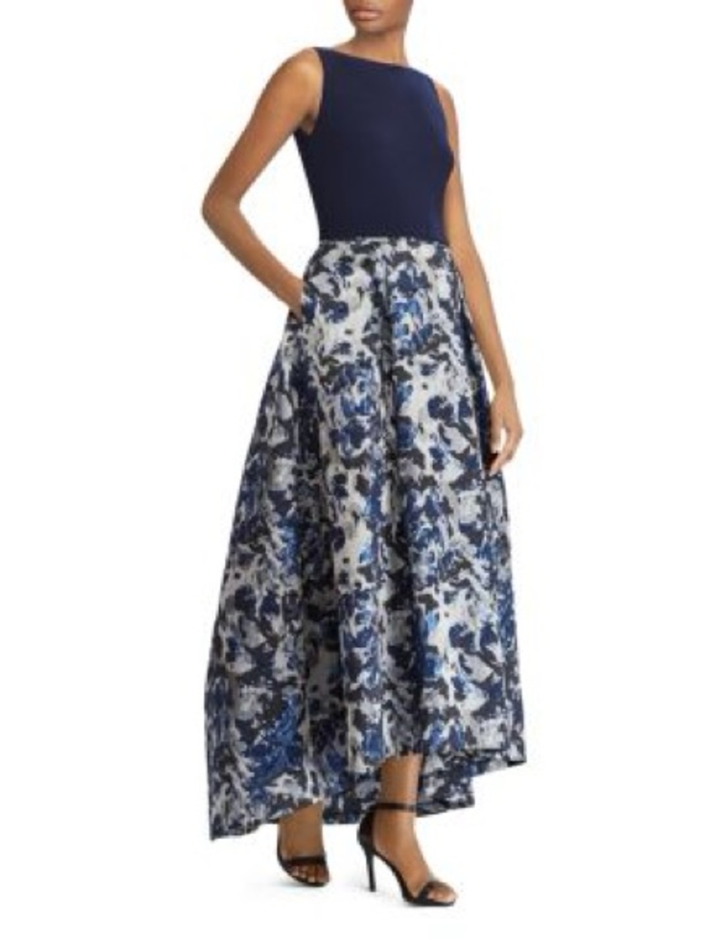 Ralph Lauren Navy Bodice with Blue and White Floral High-Low Skirt